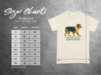 Gildan 5000 Heavy Cotton T-Shirt size chart with dog graphic and quote.
