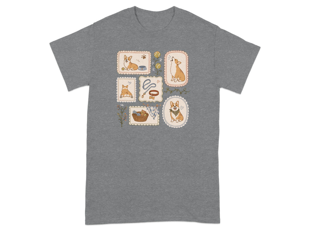 T-shirt with four illustrated corgi postage stamps and one larger corgi illustration.