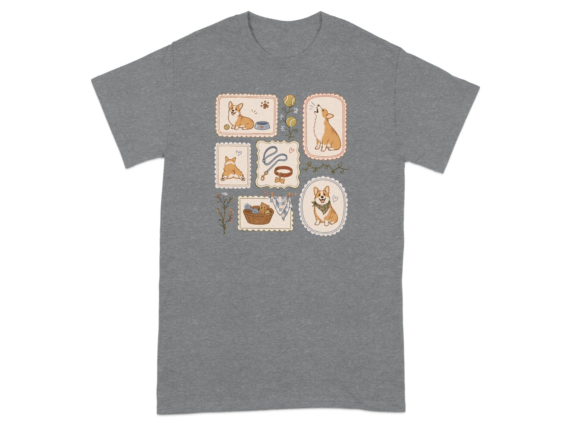 T-shirt with four illustrated corgi postage stamps and one larger corgi illustration.