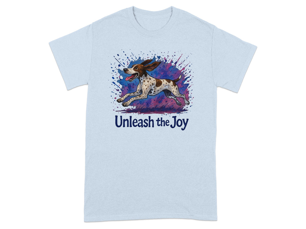 Light blue t-shirt with a running dog graphic and the text "Unleash the Joy."