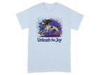 Light blue t-shirt with a running dog graphic and the text "Unleash the Joy."