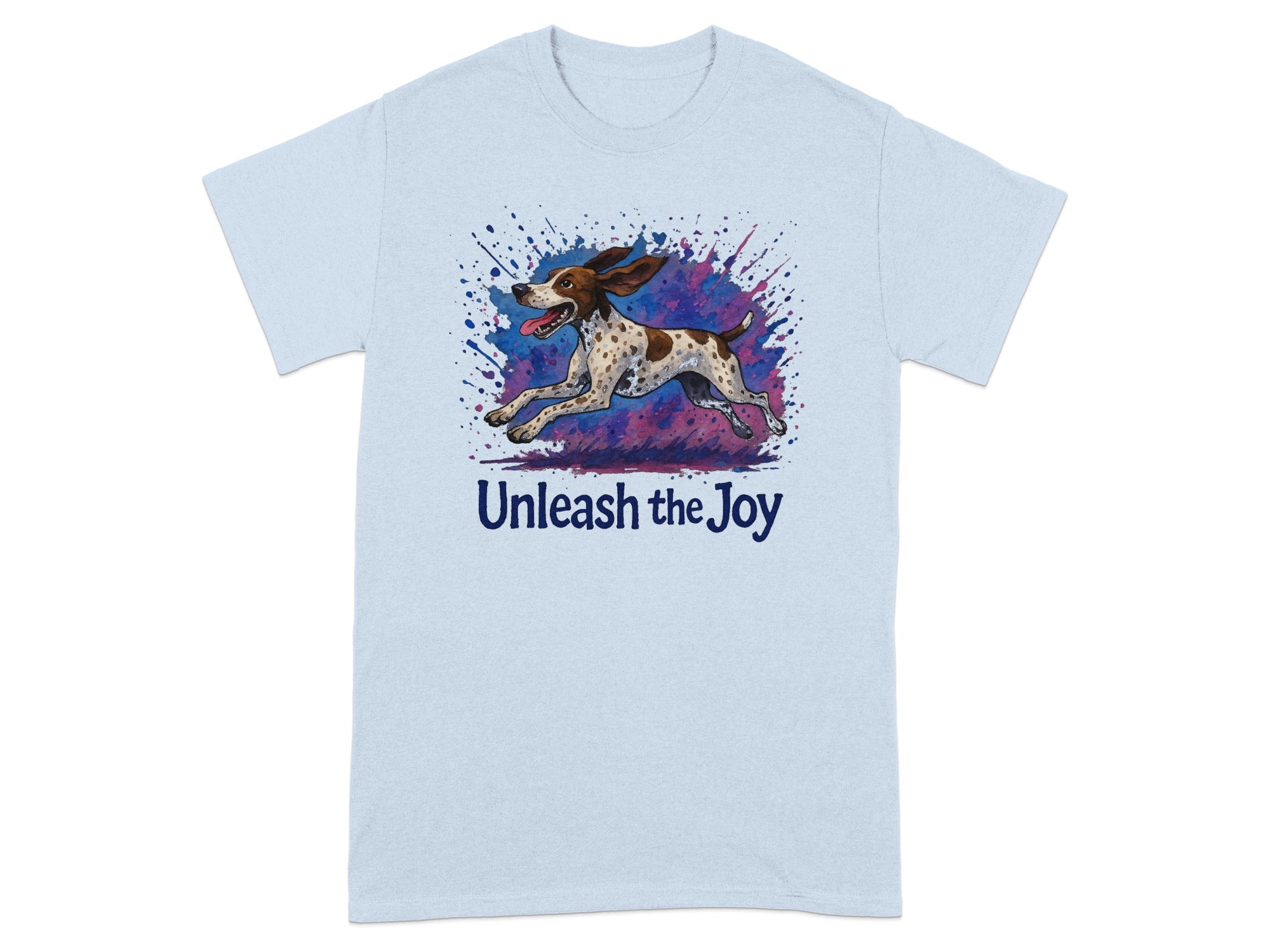 Light blue t-shirt with a running dog graphic and the text "Unleash the Joy."