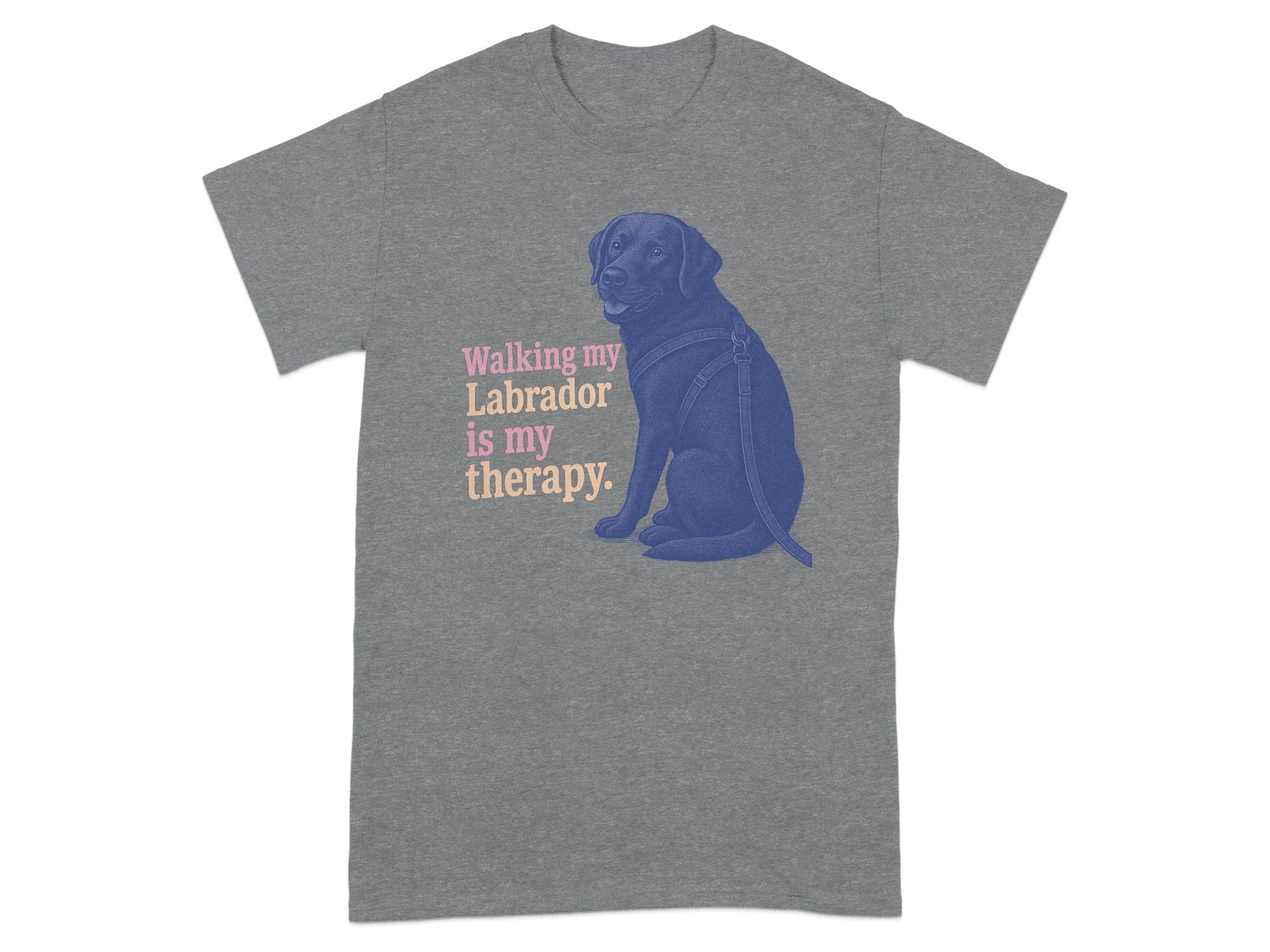 Gray t-shirt with a blue Labrador and text: "Walking my Labrador is my therapy."