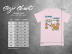 Gildan 5000 size chart with Corgi cartoon graphic.