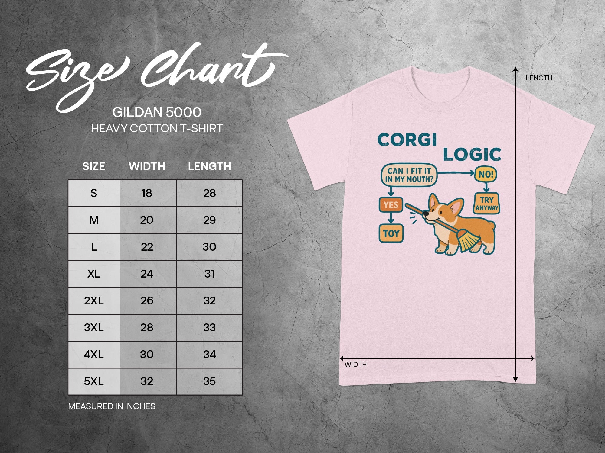 Gildan 5000 size chart with Corgi cartoon graphic.