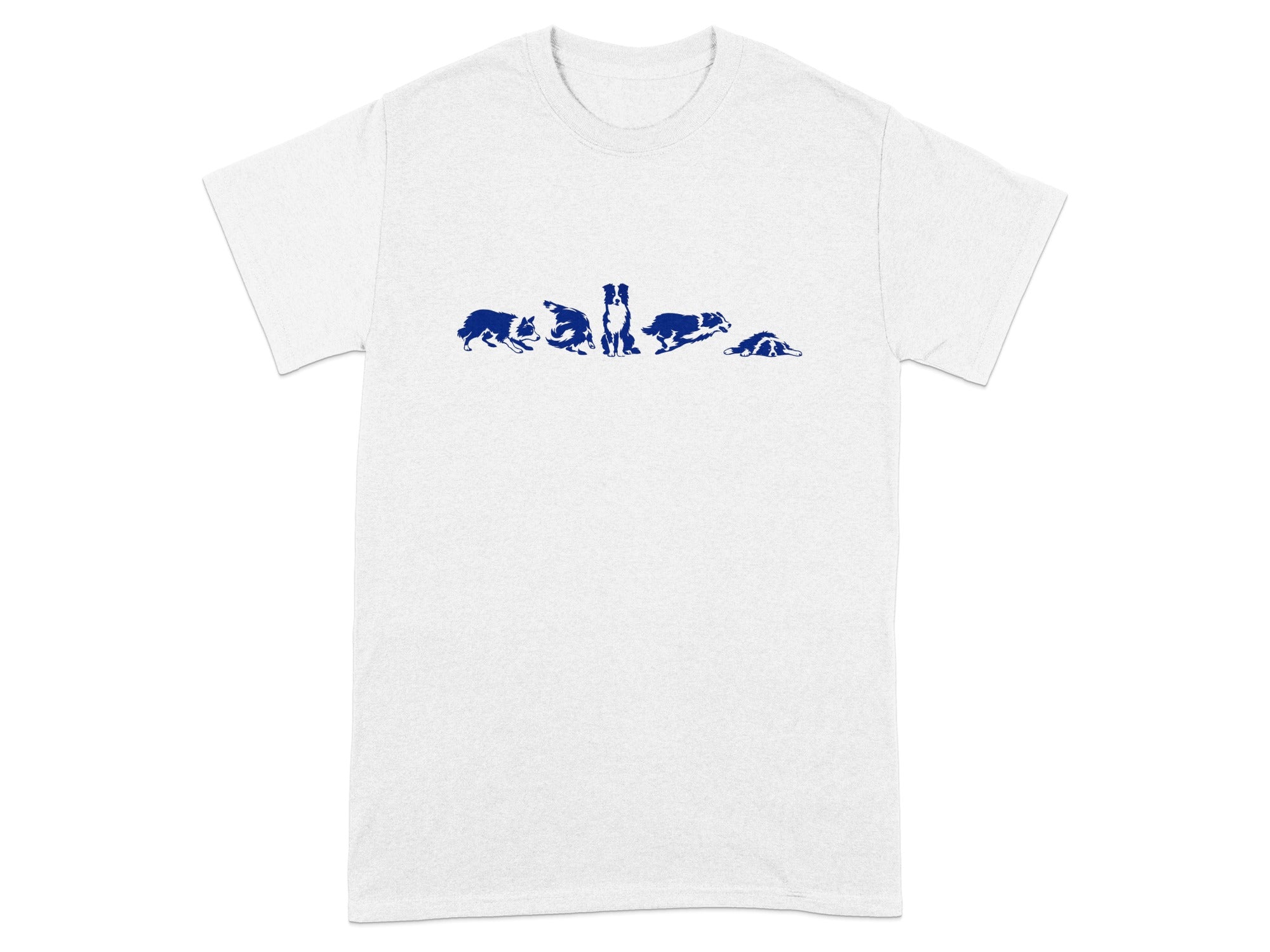 Blue silhouettes of dogs in various poses on white t-shirt.