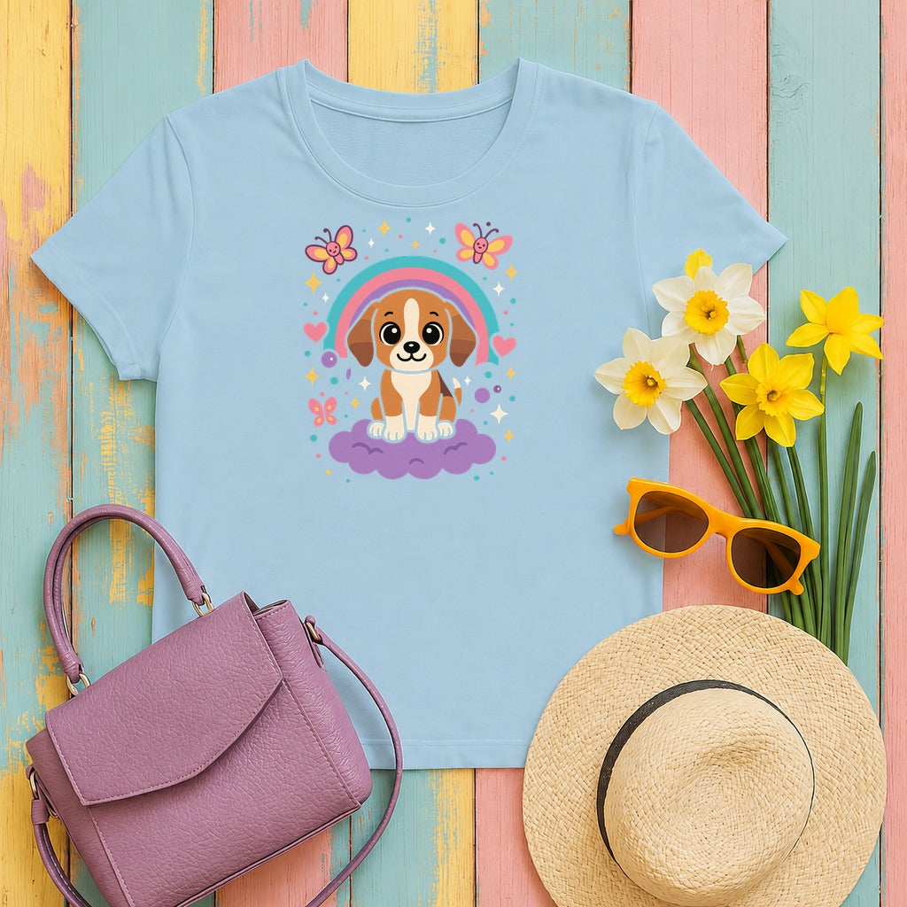 Cute Puppy Beagle Above Rainbow Cloud Design Graphic T-Shirt in Light Blue
