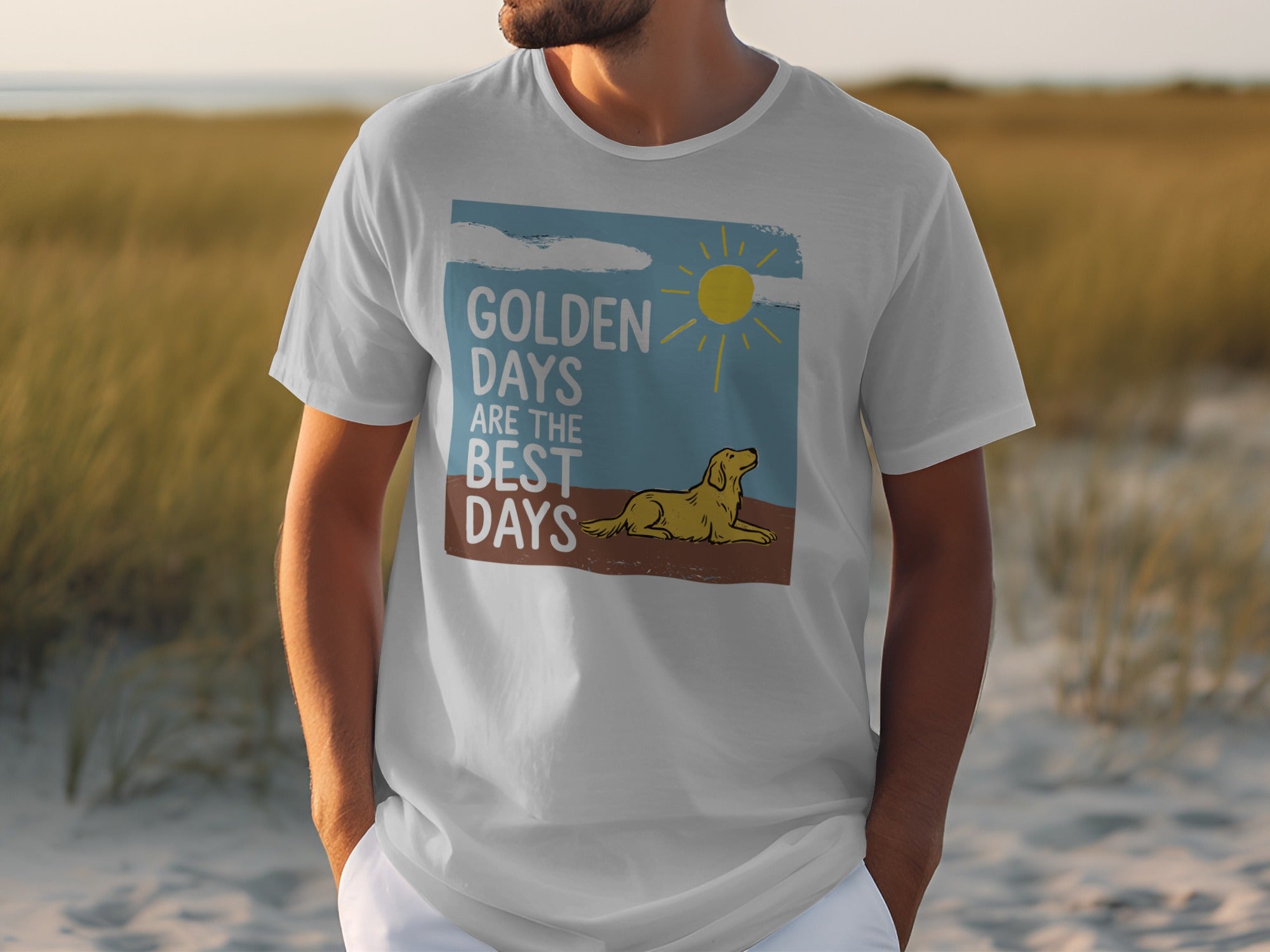 White t-shirt with golden retriever and sun graphic, text "Golden Days Are The Best Days."