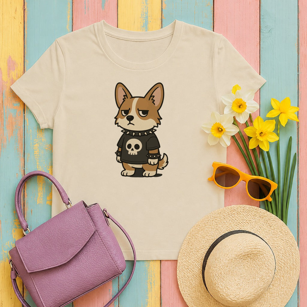 Punk Rock Corgi with a Skull Shirt Cartoon Dog T-Shirt in Sand