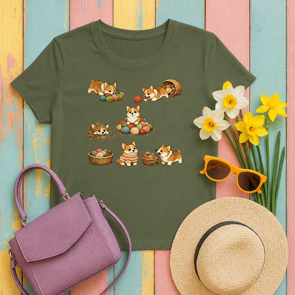 Whimsical Corgi Yarn T-Shirt in Military Green