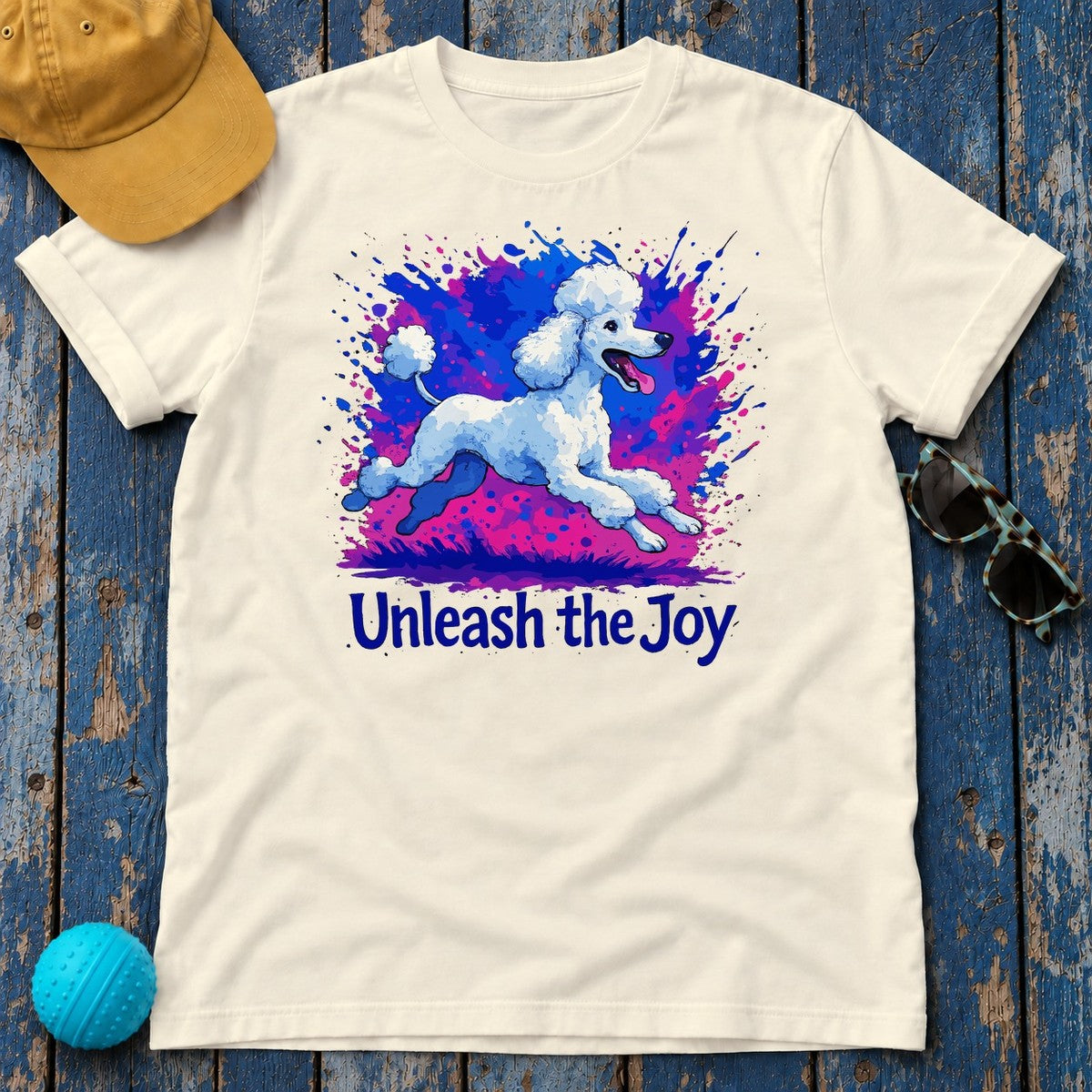 Joyful Poodle Splash Art T-Shirt in Natural