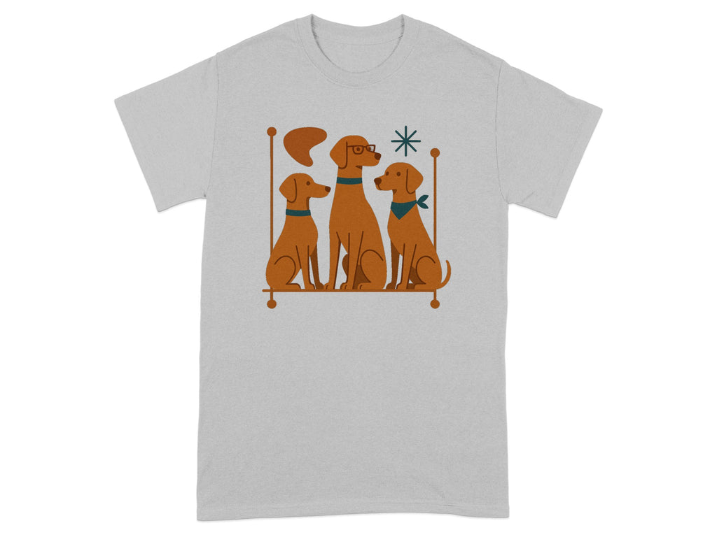 Three brown cartoon dogs sit together on a shelf, one wears glasses and a bandana.