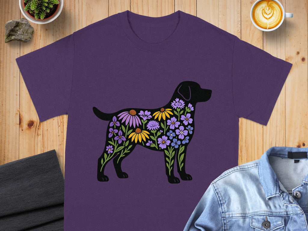 Floral Dog Silhouette Design on Purple T-shirt