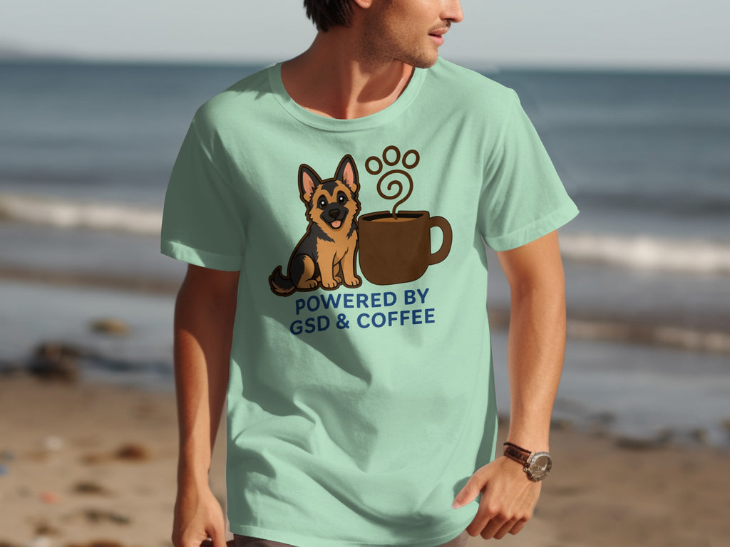 Mint t-shirt with "POWERED BY GSD & COFFEE" and a German Shepherd next to a coffee cup.