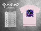 Gildan 5000 t-shirt size chart with Boston Terrier graphic and "Unleash the Joy" text.