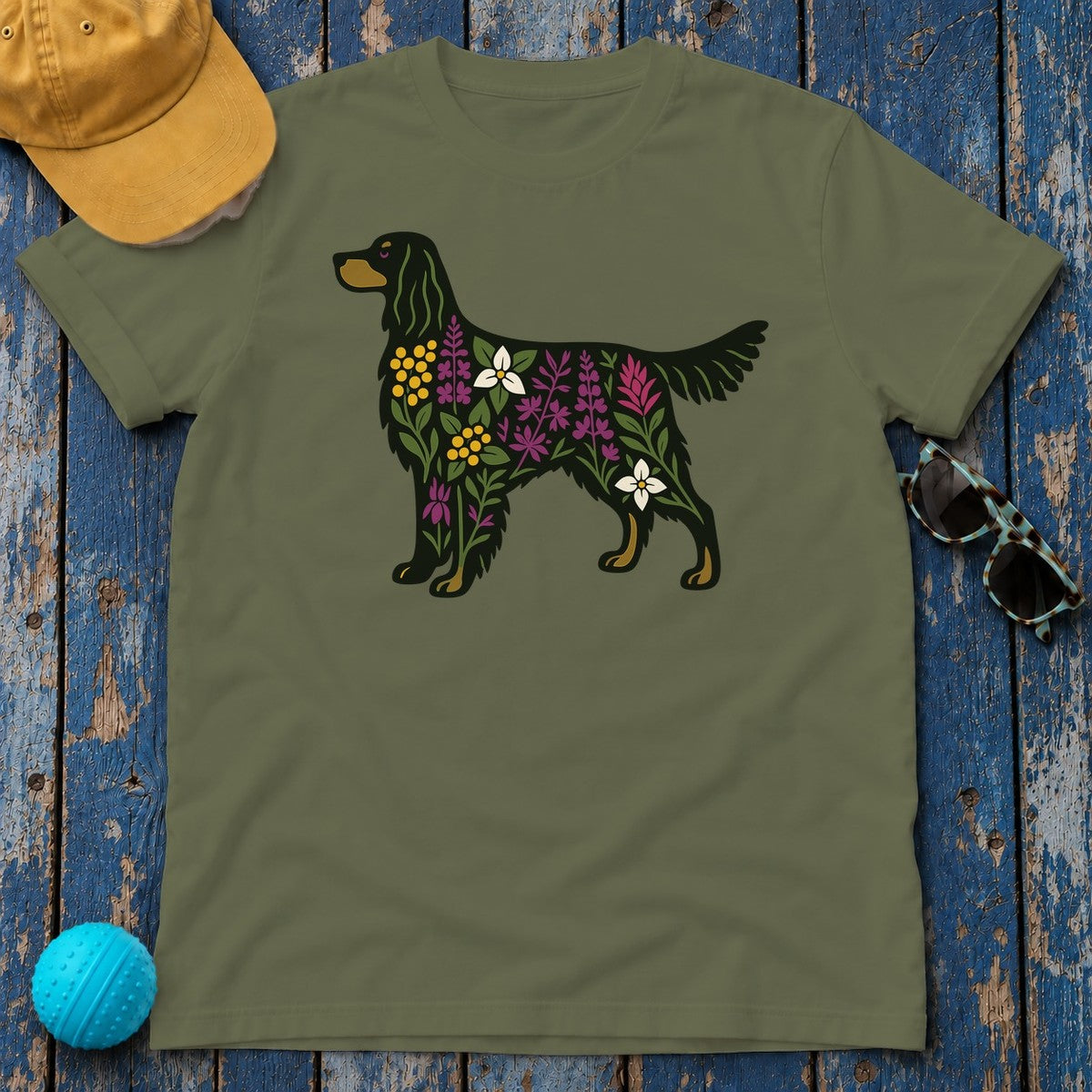 Floral Silhouette of a Black Gordon Setter Elegant Design T-Shirt in Military Green