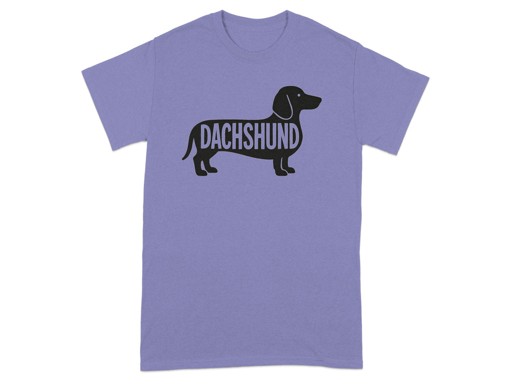 Purple t-shirt with black dachshund silhouette containing the word DACHSHUND.