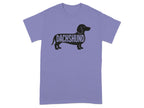 Purple t-shirt with black dachshund silhouette containing the word DACHSHUND.