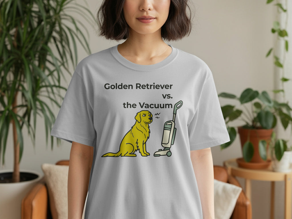 Golden Retriever facing a vacuum cleaner graphic on a gray t-shirt.