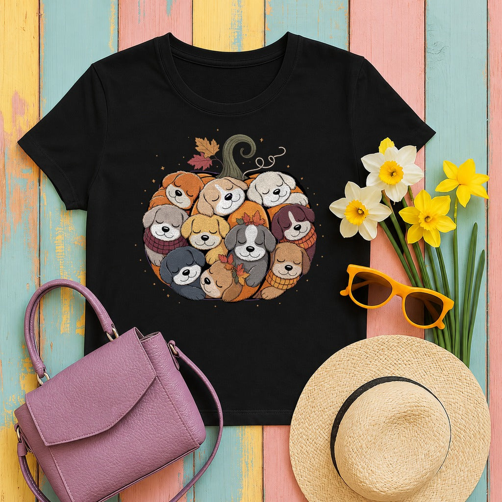 Dogs in Pumpkin Pile Autumn Festive Season Graphic T-Shirt in Black