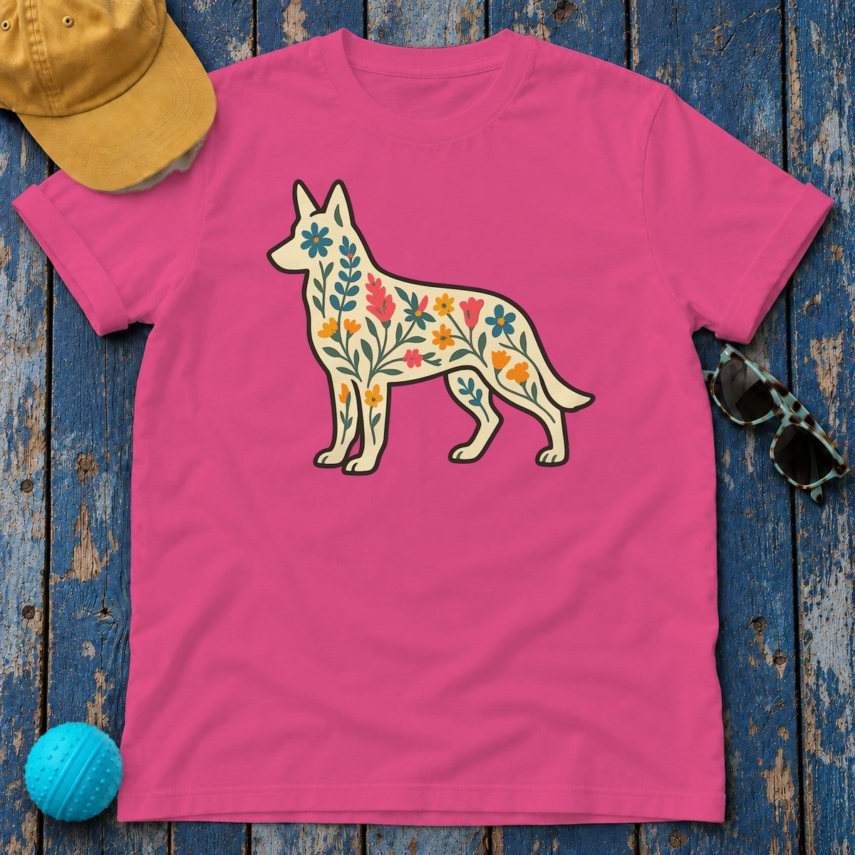 Floral German Shepherd T-Shirt in Heliconia