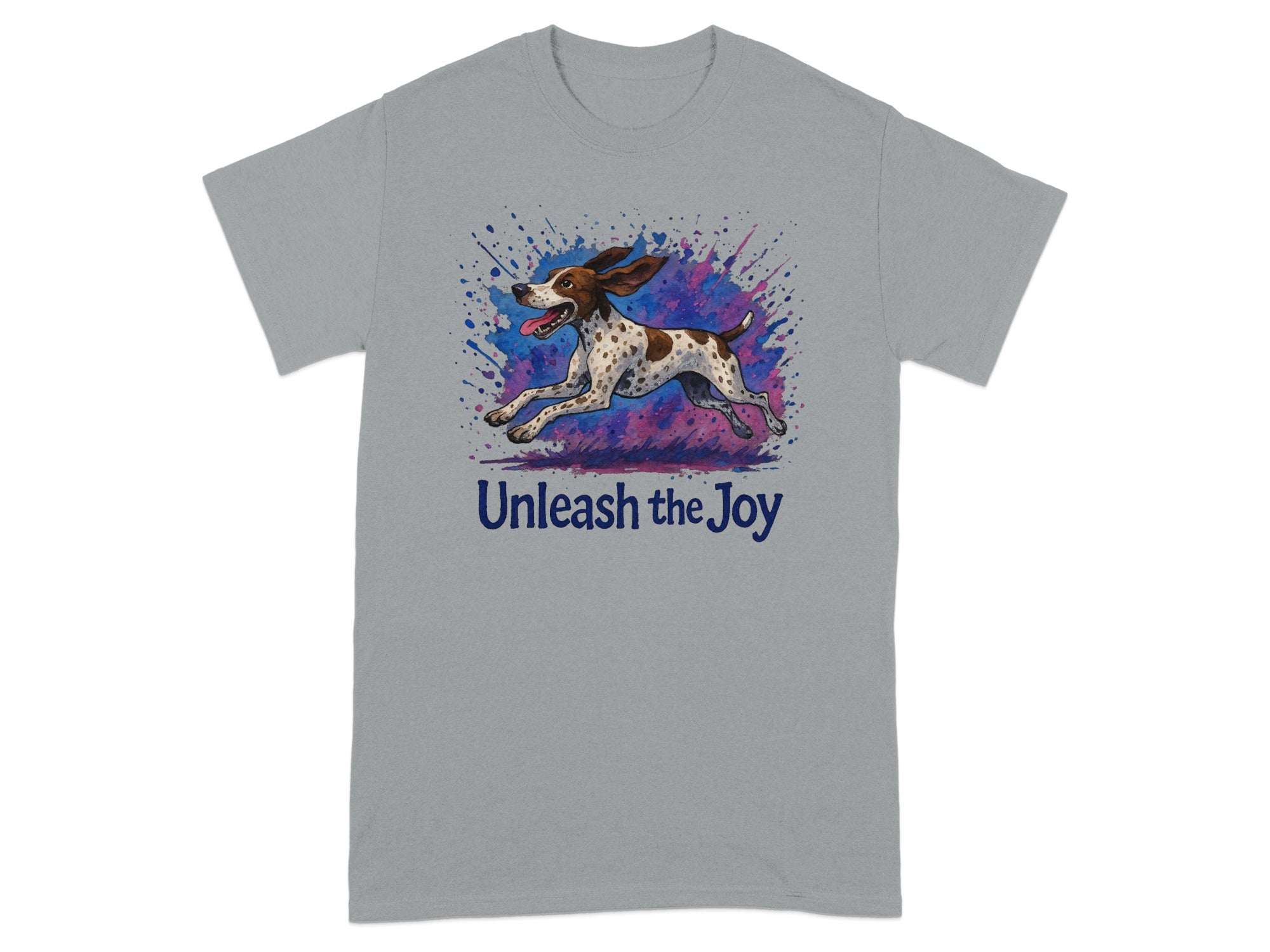 Grey t-shirt with a dog running through colorful paint splatters and text "Unleash the Joy."