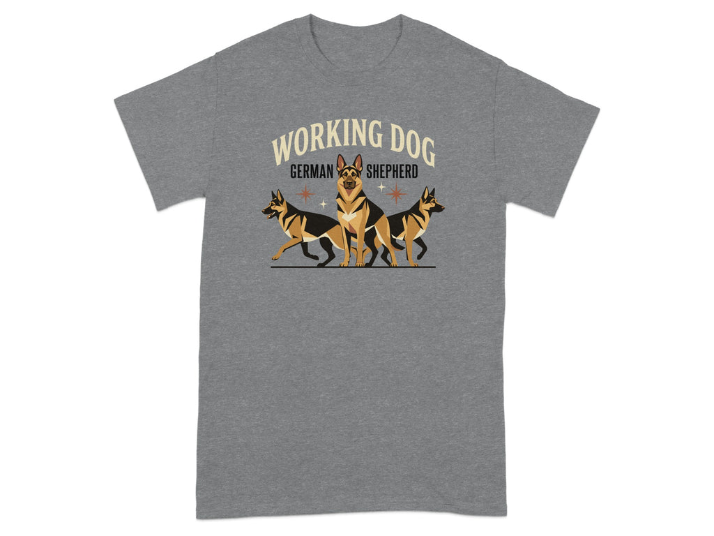 German Shepherd "Working Dog" graphic on gray t-shirt.