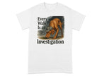 Brown dog wearing a hat sniffing the ground with text "Every Walk Is an Investigation".