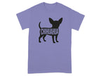 Purple t-shirt with a black silhouette of a chihuahua and the word "CHIHUAHUA".