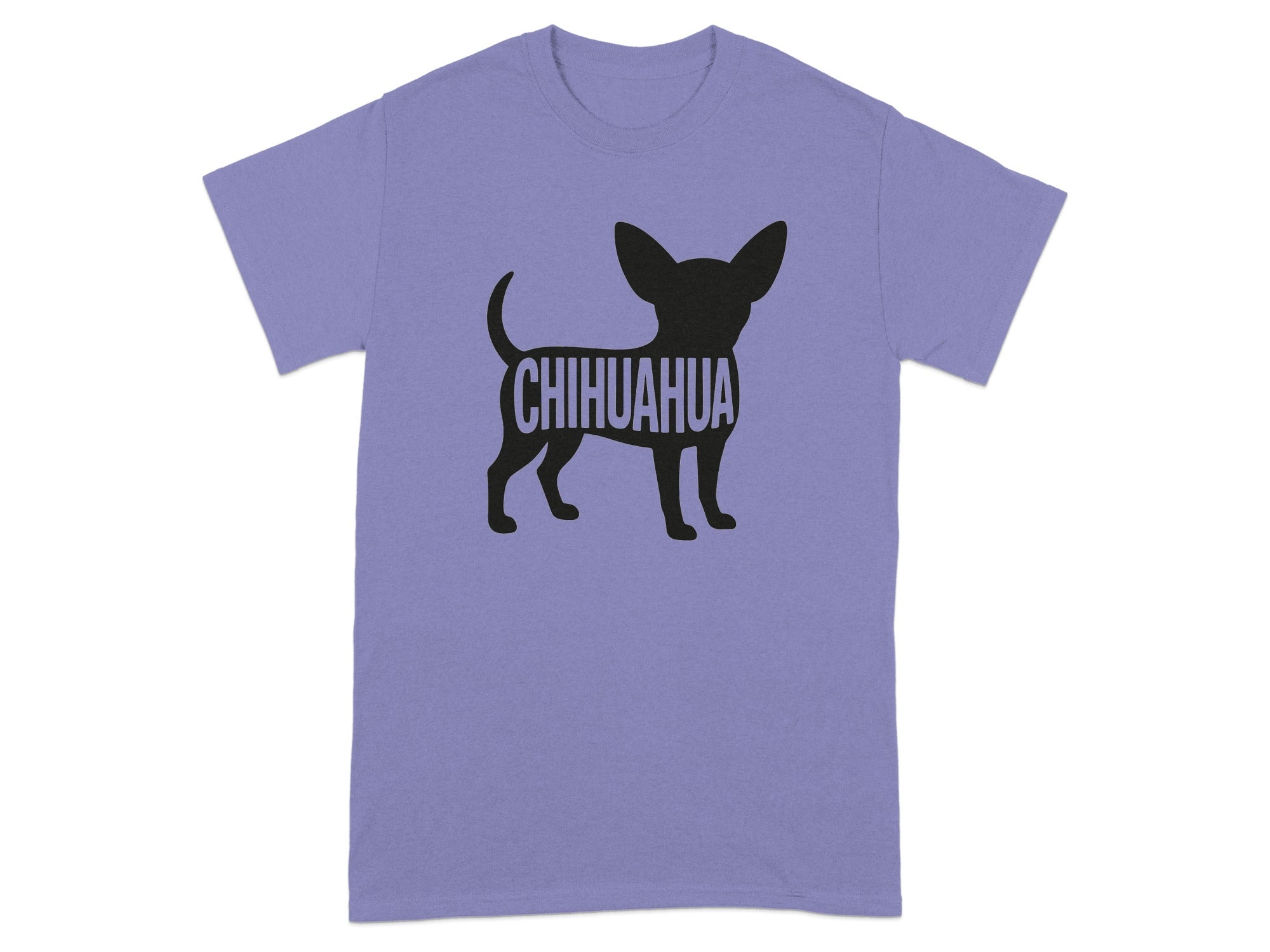 Purple t-shirt with a black silhouette of a chihuahua and the word "CHIHUAHUA".