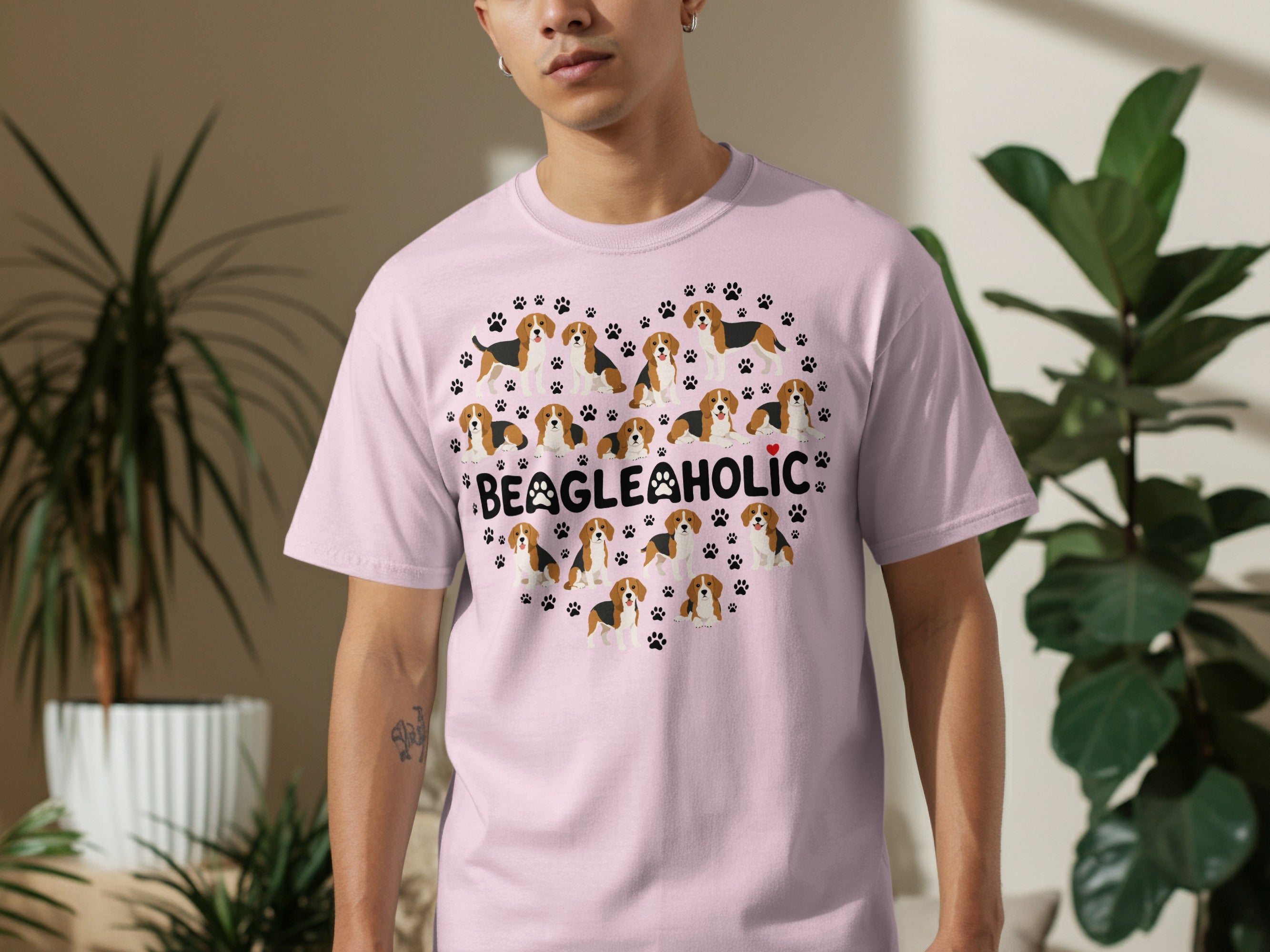 Pink t-shirt with a heart-shaped pattern of beagles and "Beagleholic" text.