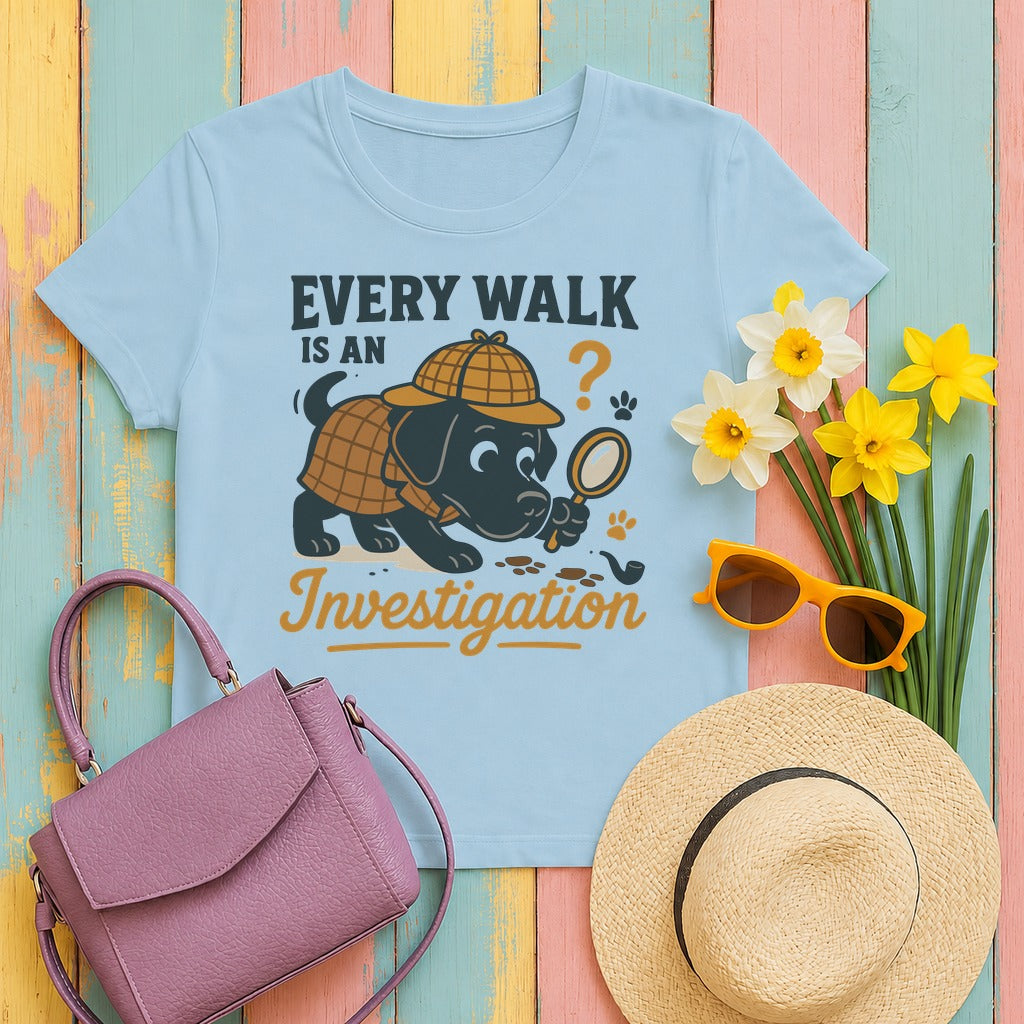 Black Lab "Every Walk is an Investigation" Cartoon T-shirt in Light Blue