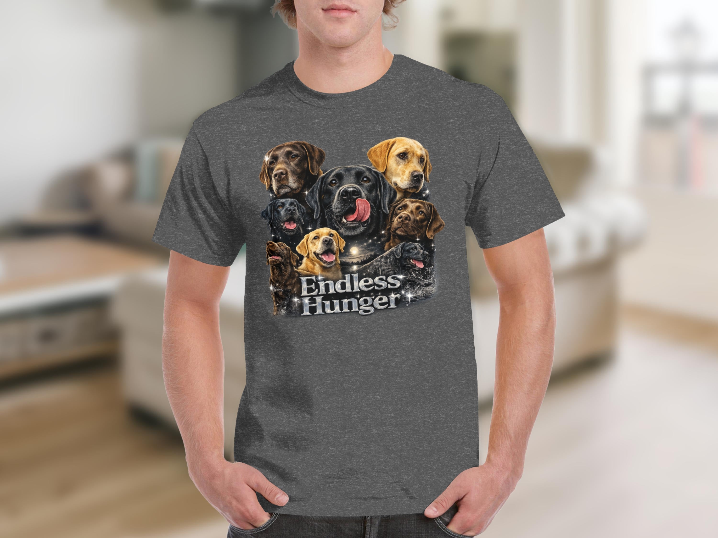 T-shirt with a collage of seven Labrador dogs and the text "Endless Hunger."