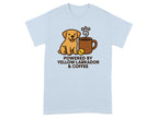 Light blue t-shirt with a cartoon yellow Labrador and coffee mug graphic.
