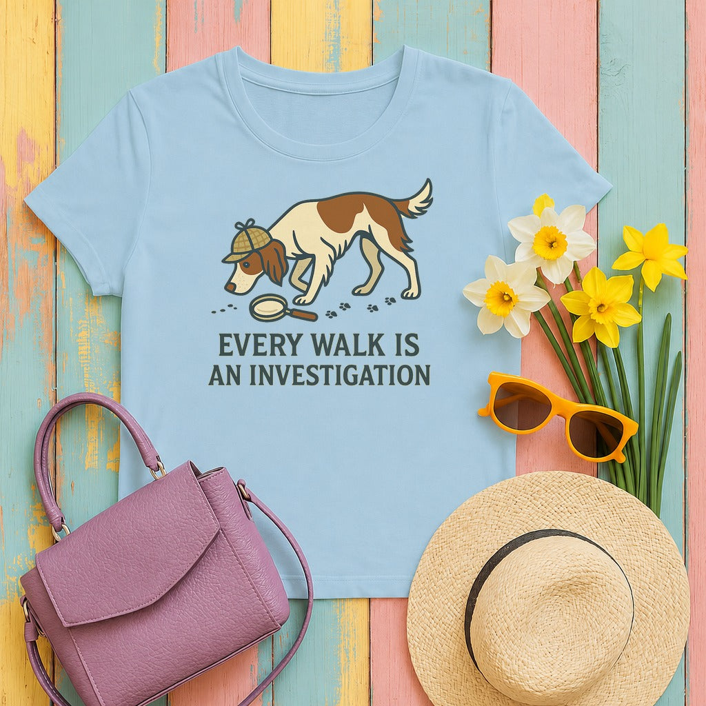 Irish Red and White Setter Every Walk Is an Investigation Tee in Light Blue