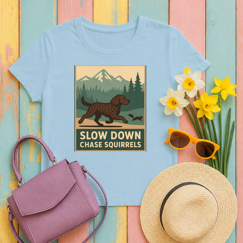 American Water Spaniel Slow Down Chase Squirrels Tee in Light Blue