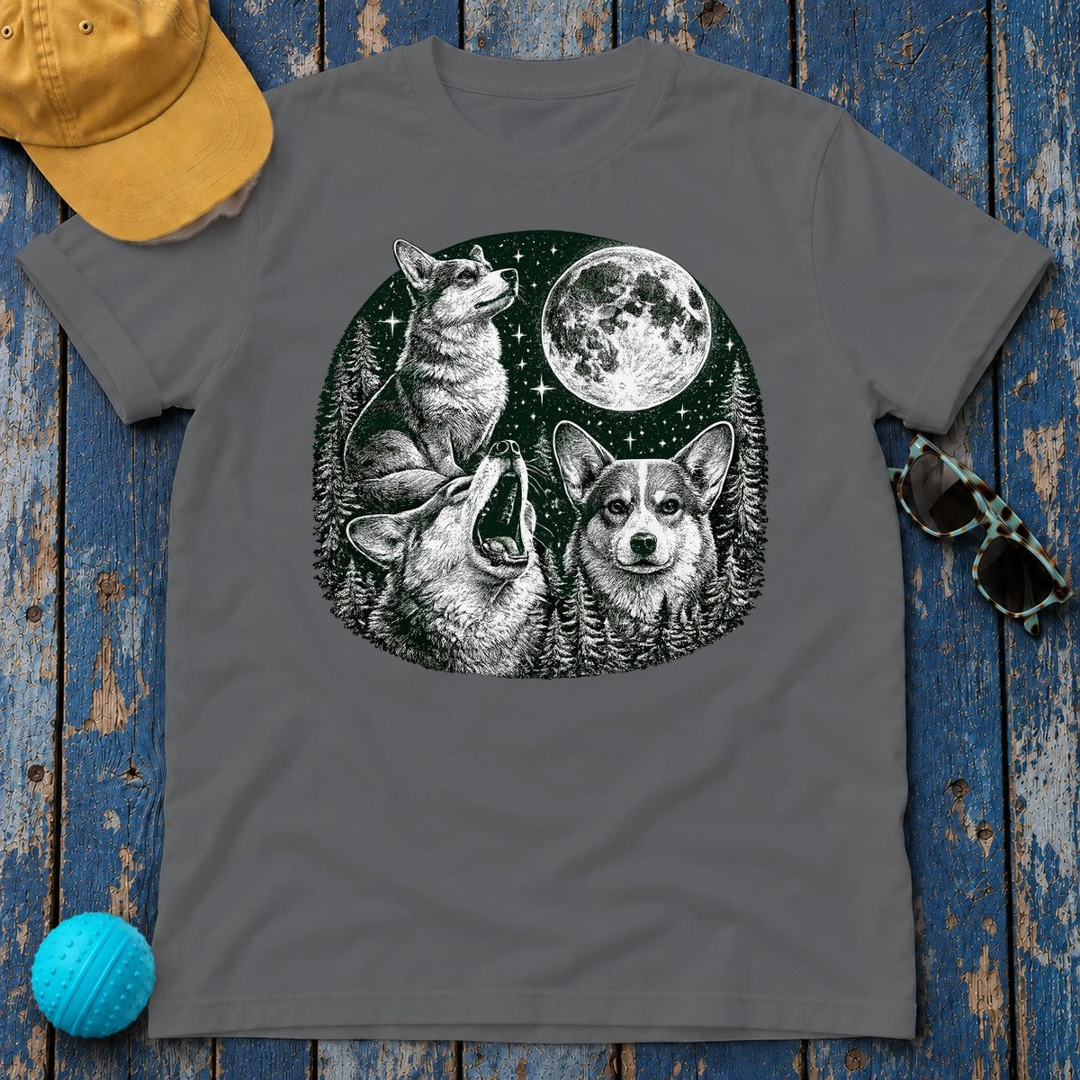 Mystical Corgi Moonlit Forest T-Shirt in Graphite Heather