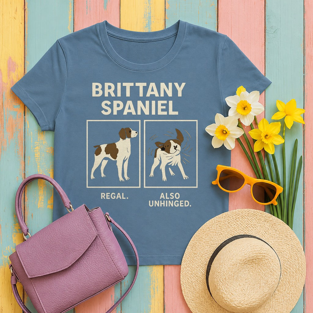 Brittany Spaniel Regal. Also Unhinged. T-shirt in Steel Blue