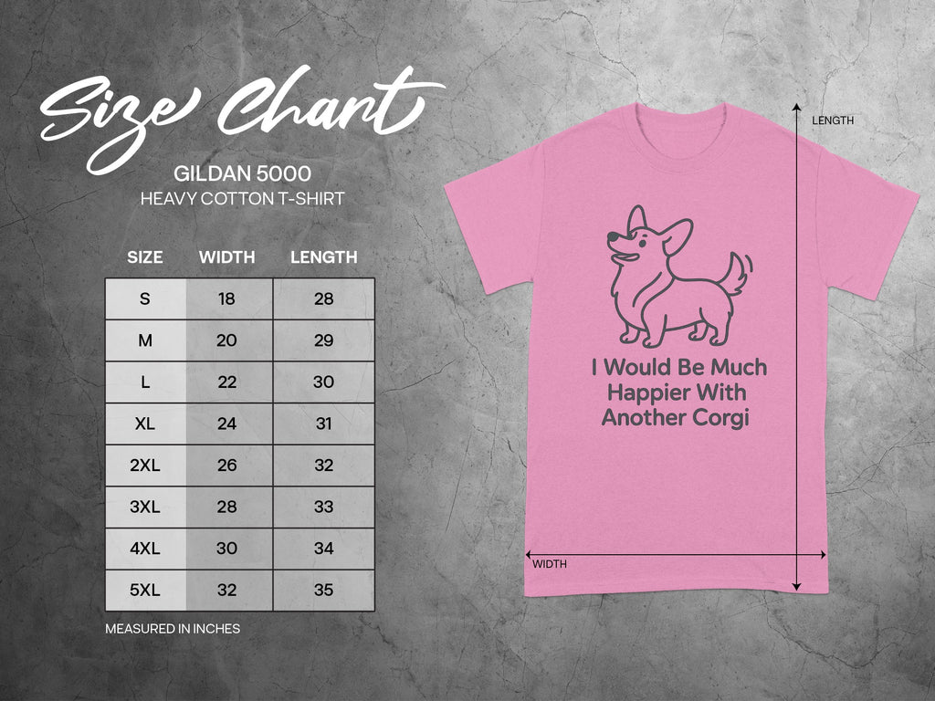 Gildan 5000 Heavy Cotton T-shirt size chart with Corgi graphic and text.