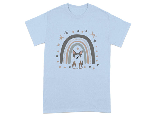 Cute Dog and Rainbow Graphic on Light Blue T-Shirt product type