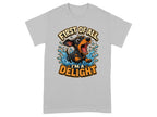 Dachshund puppy with open mouth on a t-shirt saying "First of all, I'm a delight."