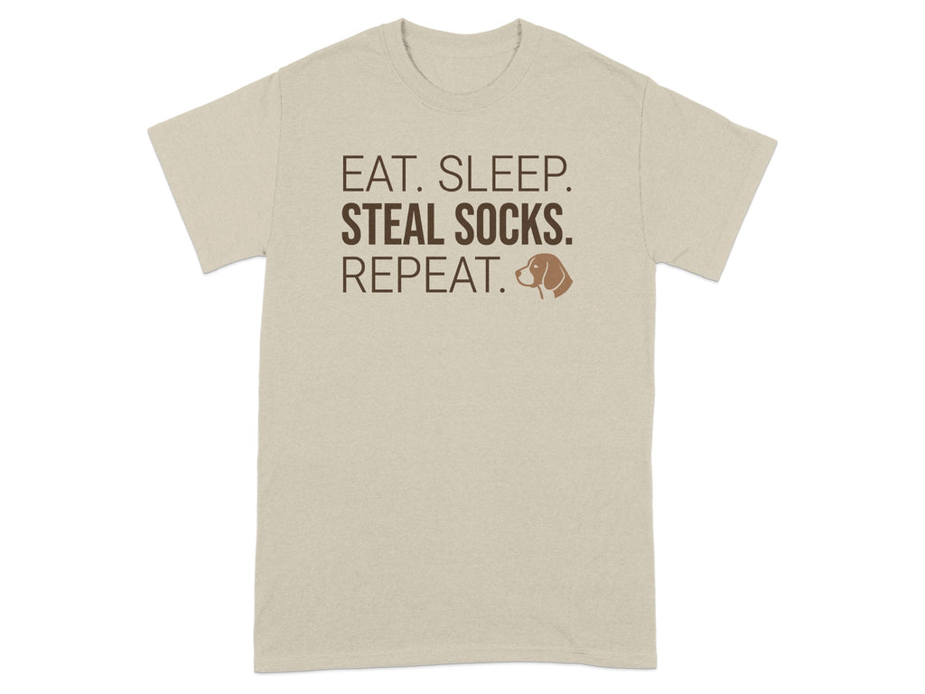 T-shirt with "EAT. SLEEP. STEAL SOCKS. REPEAT." text and dog graphic.