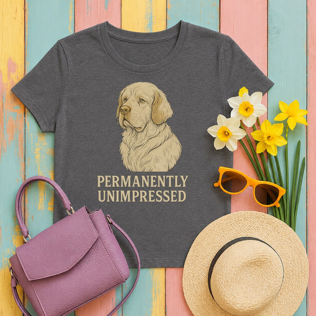 clumber spaniel permanently-unimpressed tee flat lay hero