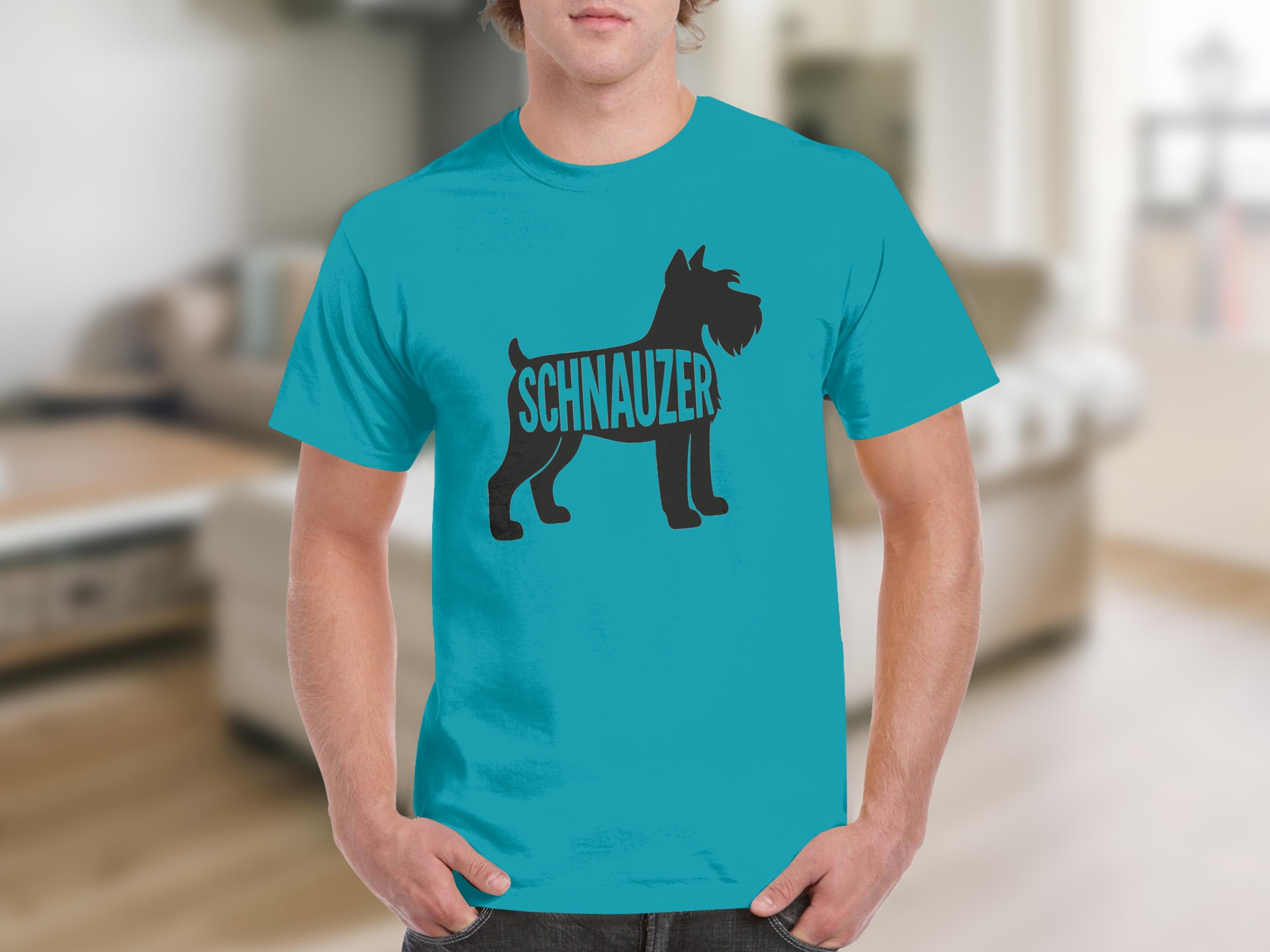 Cyan t-shirt with black schnauzer silhouette and "SCHNAUZER" text.