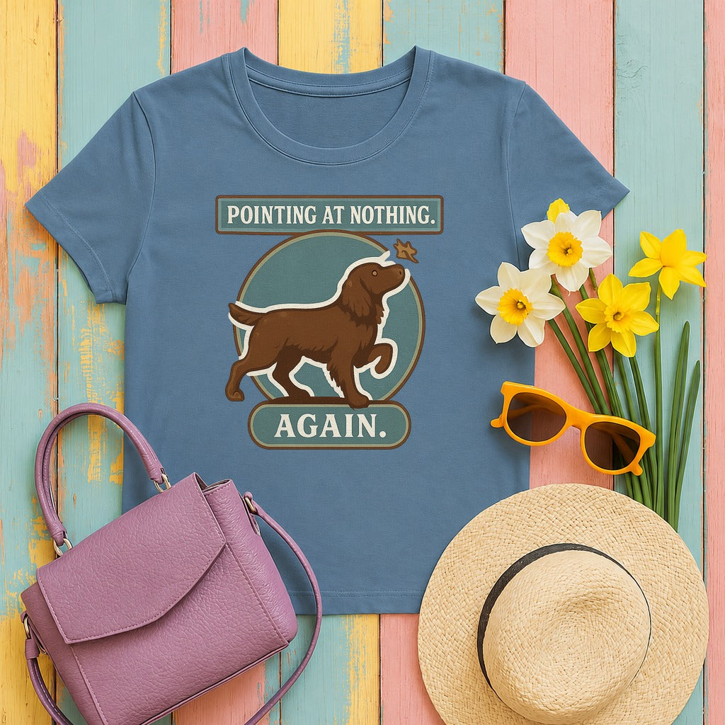 Boykin Spaniel Pointing at Nothing Again T-shirt in Steel Blue