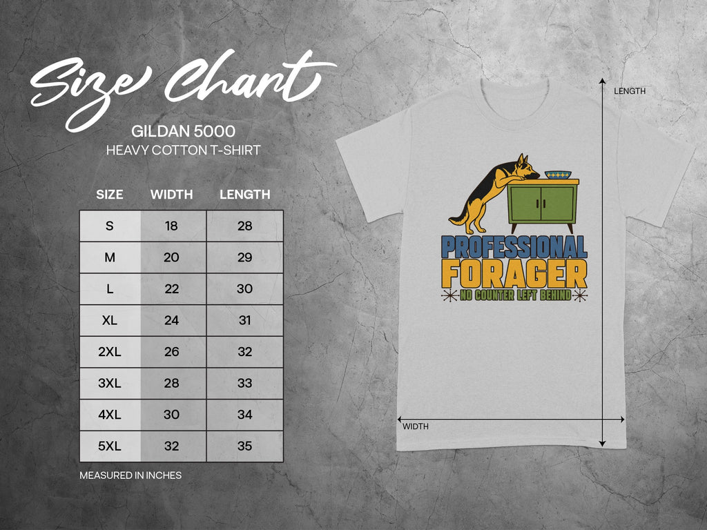Gildan 5000 t-shirt size chart with "Professional Forager" graphic.