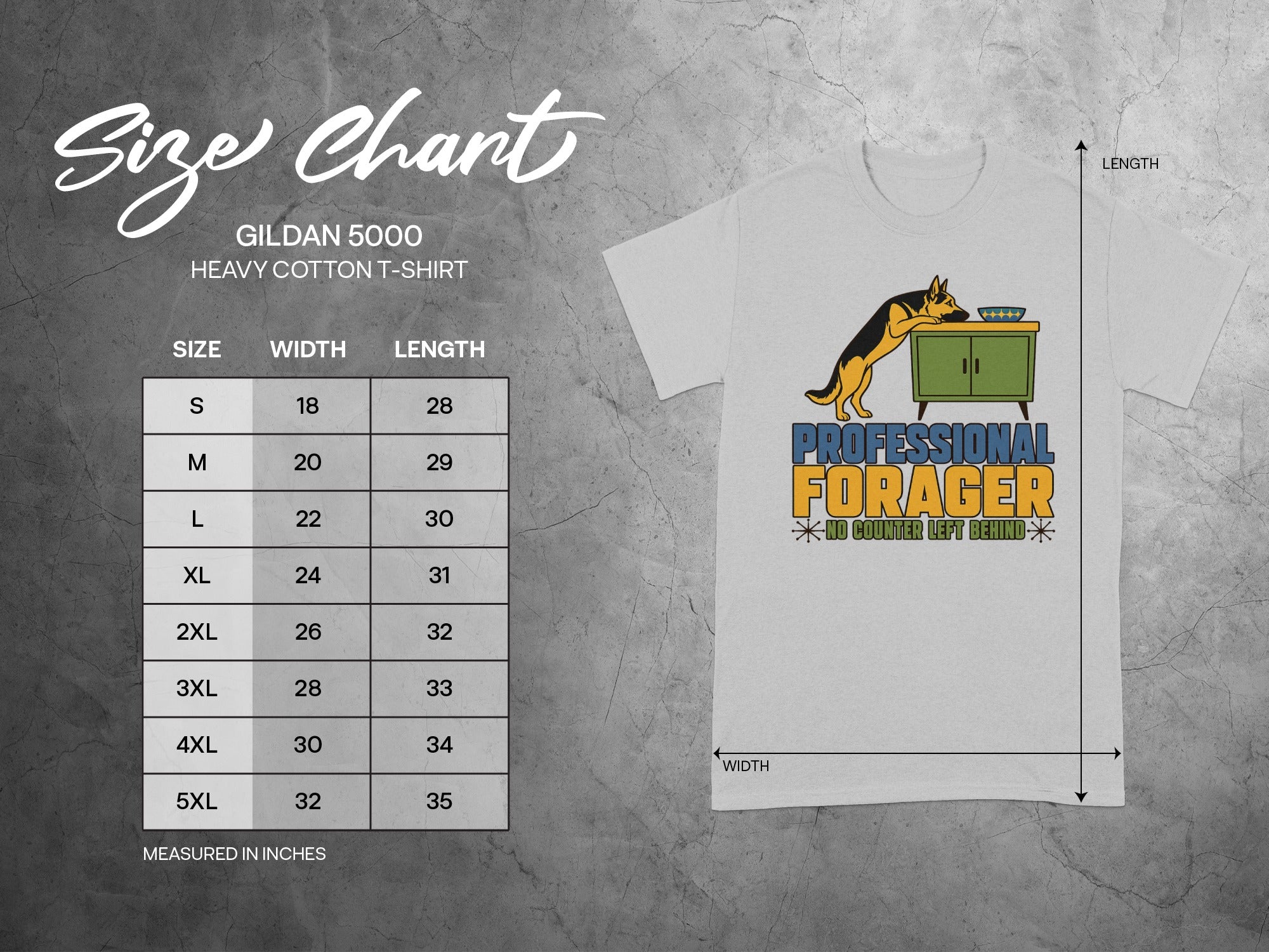Gildan 5000 t-shirt size chart with "Professional Forager" graphic.