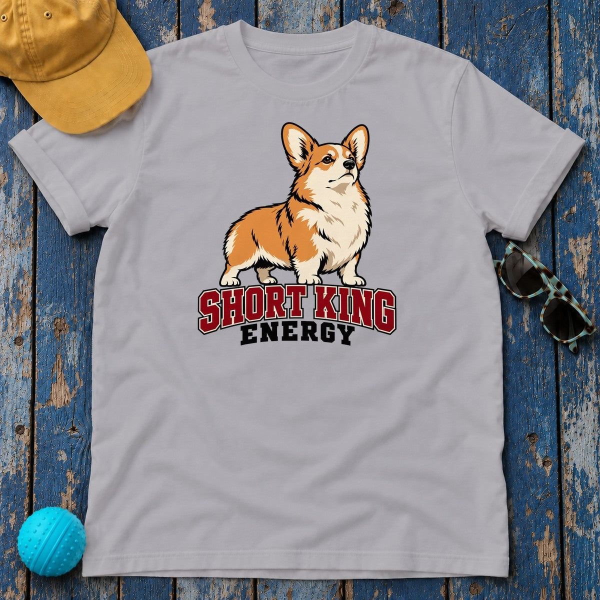 Short King Energy Corgi T-Shirt in Athletic Heather - flat lay