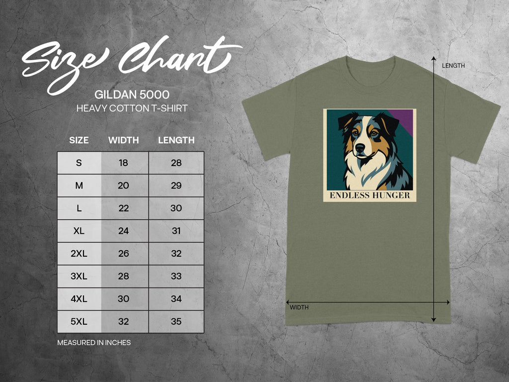 Gildan 5000 t-shirt size chart with width and length measurements in inches.