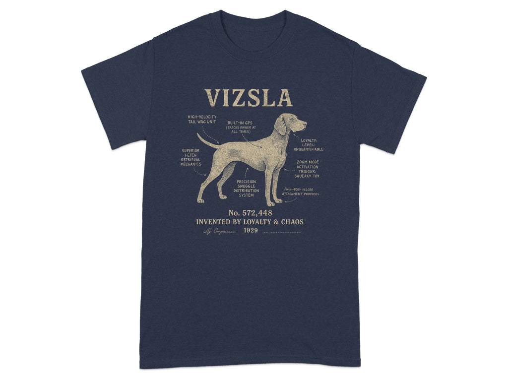 Vizsla diagram with humorous labels detailing dog's traits and functions.